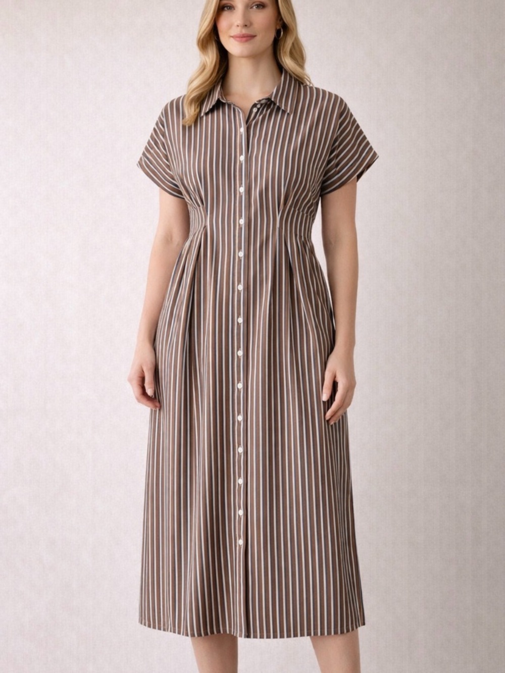 Striped Cotton Shirt Dress Brown Blue White Button Front Size S(A527) - Picture 1 of 13